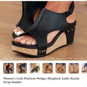 Women's Cork Platform Wedges Slingback Ankle
Buckle Strap Sandals